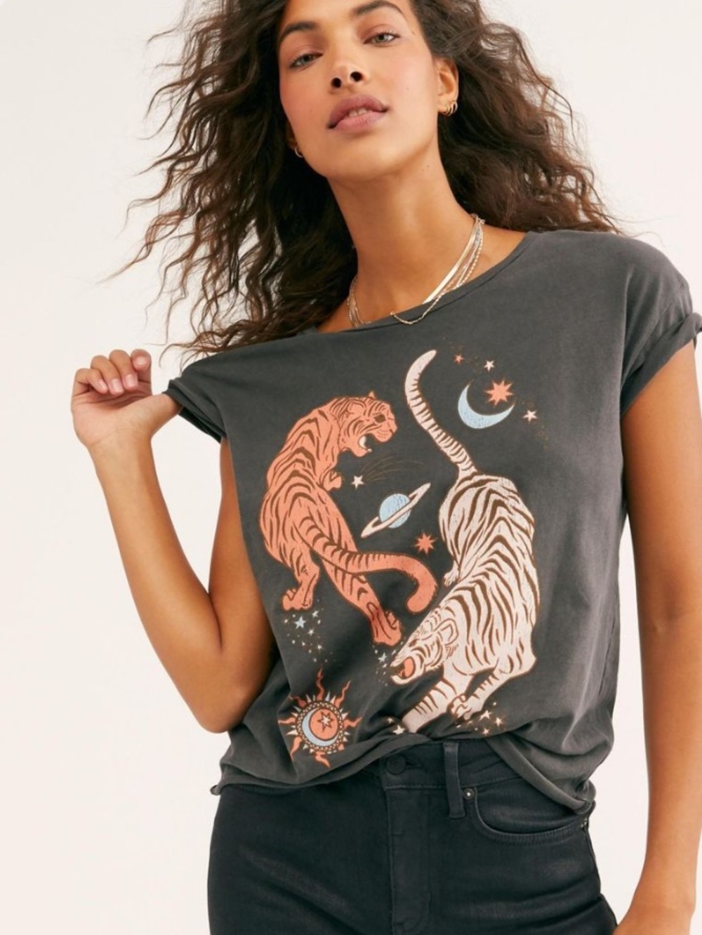 Free People Circling Tigers Tee By Midnight Rider- Sz. L